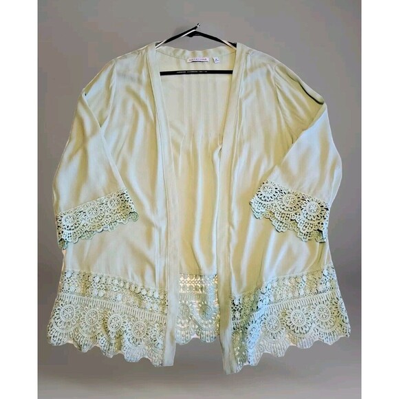 Women Medium Cardigan1/2 Sleeve  Mint Green Crochet Hem Lightweight Flowy Casual - Picture 1 of 8